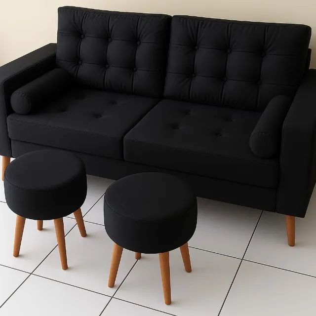 (PREÇO BLACK) SOFÁ RETRÔ + 2 BANQUETAS 