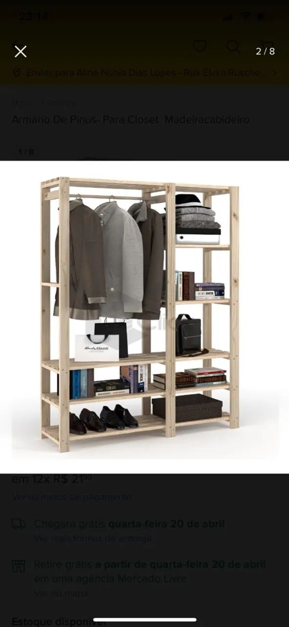 Armário/cabideiro de pinus maciço, ideal para closet