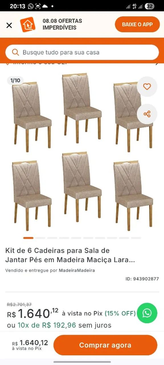Kit 6 cadeiras jantar pés em madeira maciça  - Foto 3