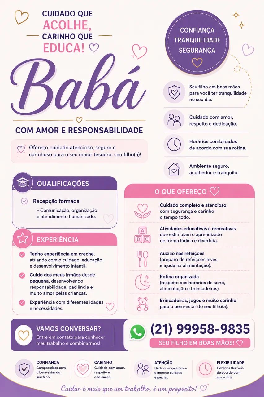 Babá com Experiência em Creche | Cuido do seu filho com carinho e responsabilidade