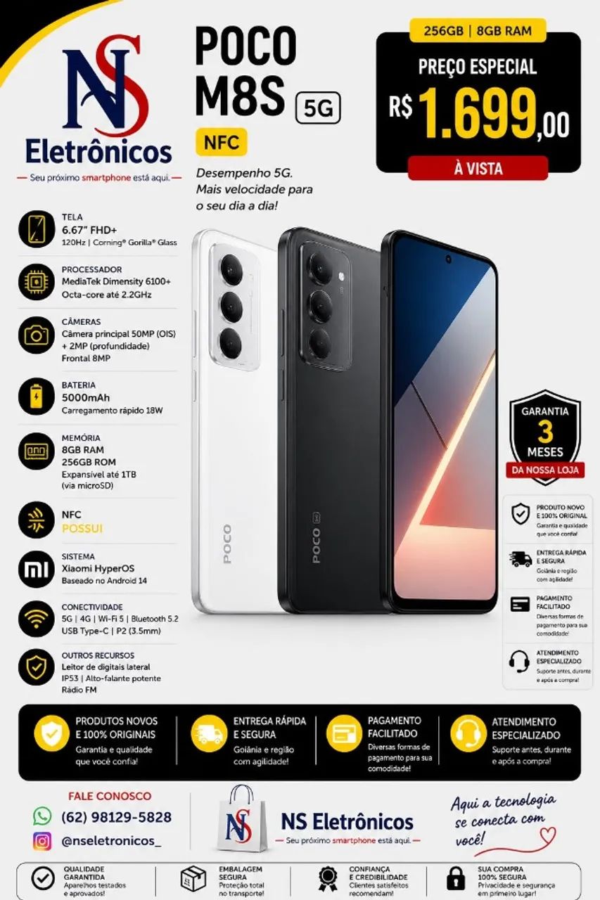 Celular POCO M8S 5G  8GB RAM 256GB NFC Dual Sim Versão Global