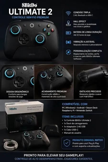 Controle 8BitDo Ultimate 2 Wireless - NOVO (PC e consoles compatíveis) - Foto 5