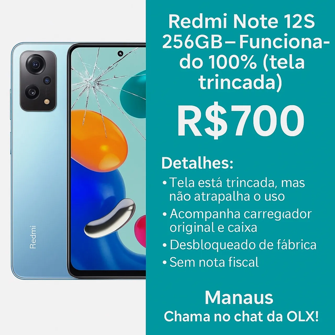 Redmi Note 12S 256GB - Funcionando 100% (tela trincada) - R$700