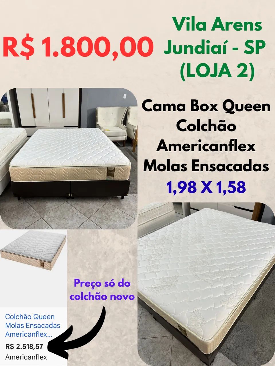 Cama Box Queen com colchão Americanflex Molas Ensacadas