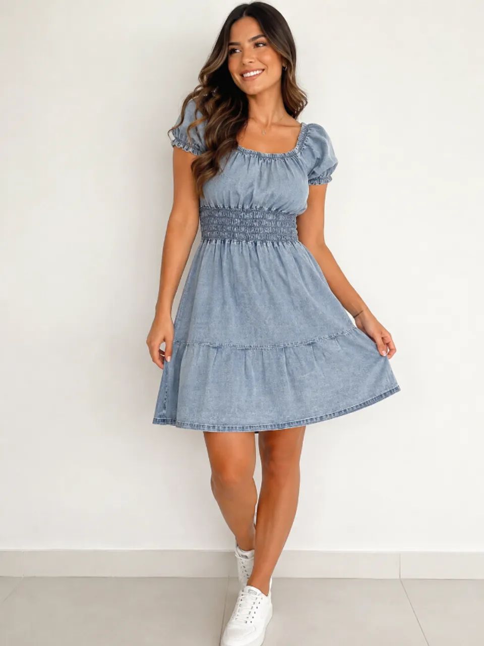 Vestido Jeans Feminino com Lastex na Cintura