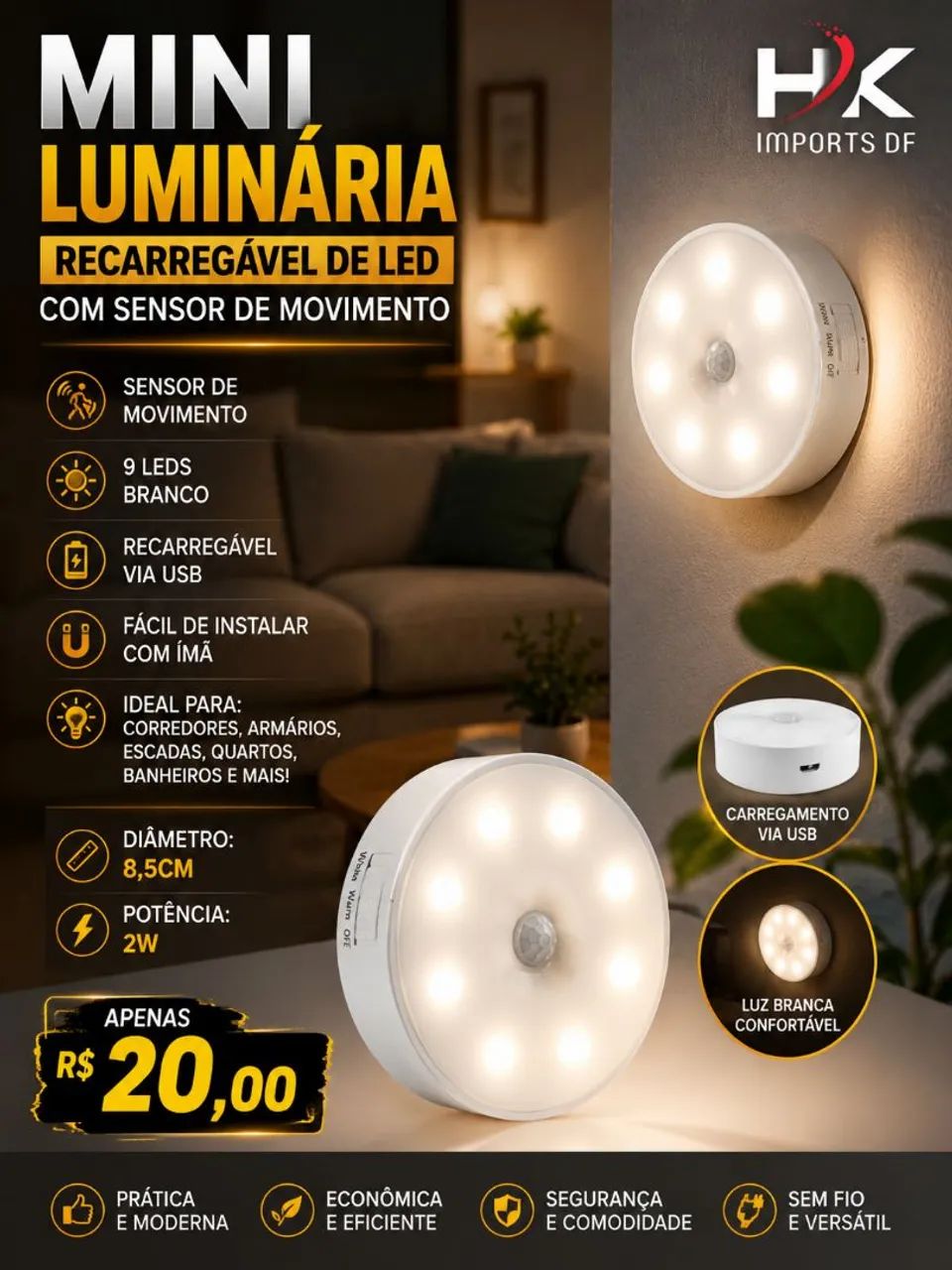 MINI LUMINÁRIA 9 LEDS COM SENSOR DE PRESENÇA 