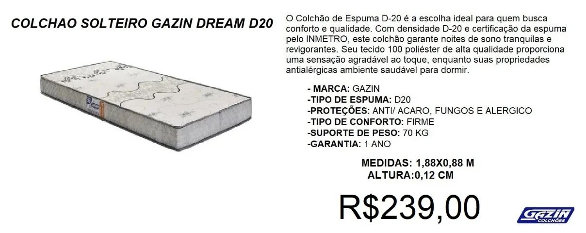 Colchão solteiro gazin d20- temos a pronta entregga 