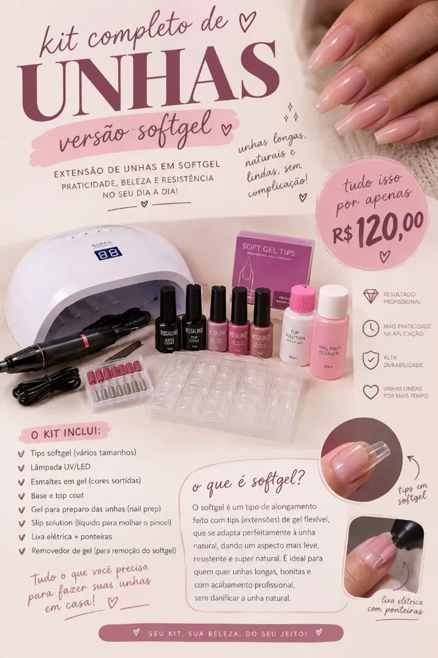 KIT COMPLETO DE EXTENSÃO DE UNHAS SOFT GEL