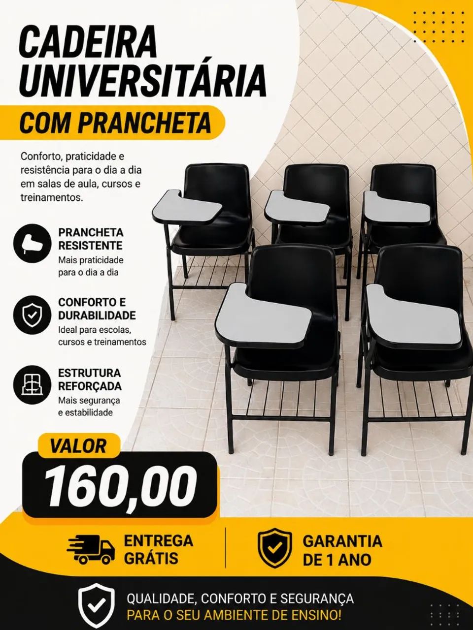 Cadeiras universitária com prancheta ultra resistente 