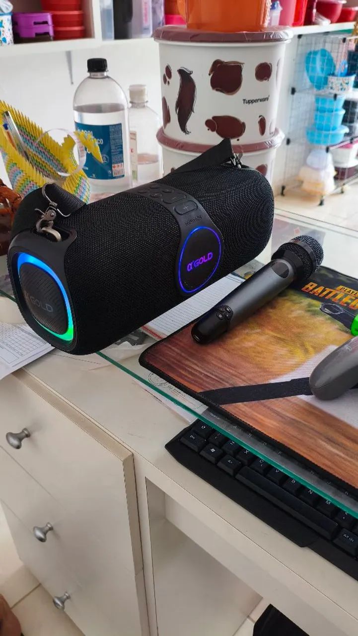 Caixa de som a'gold 120 watts, com microfone sem fio