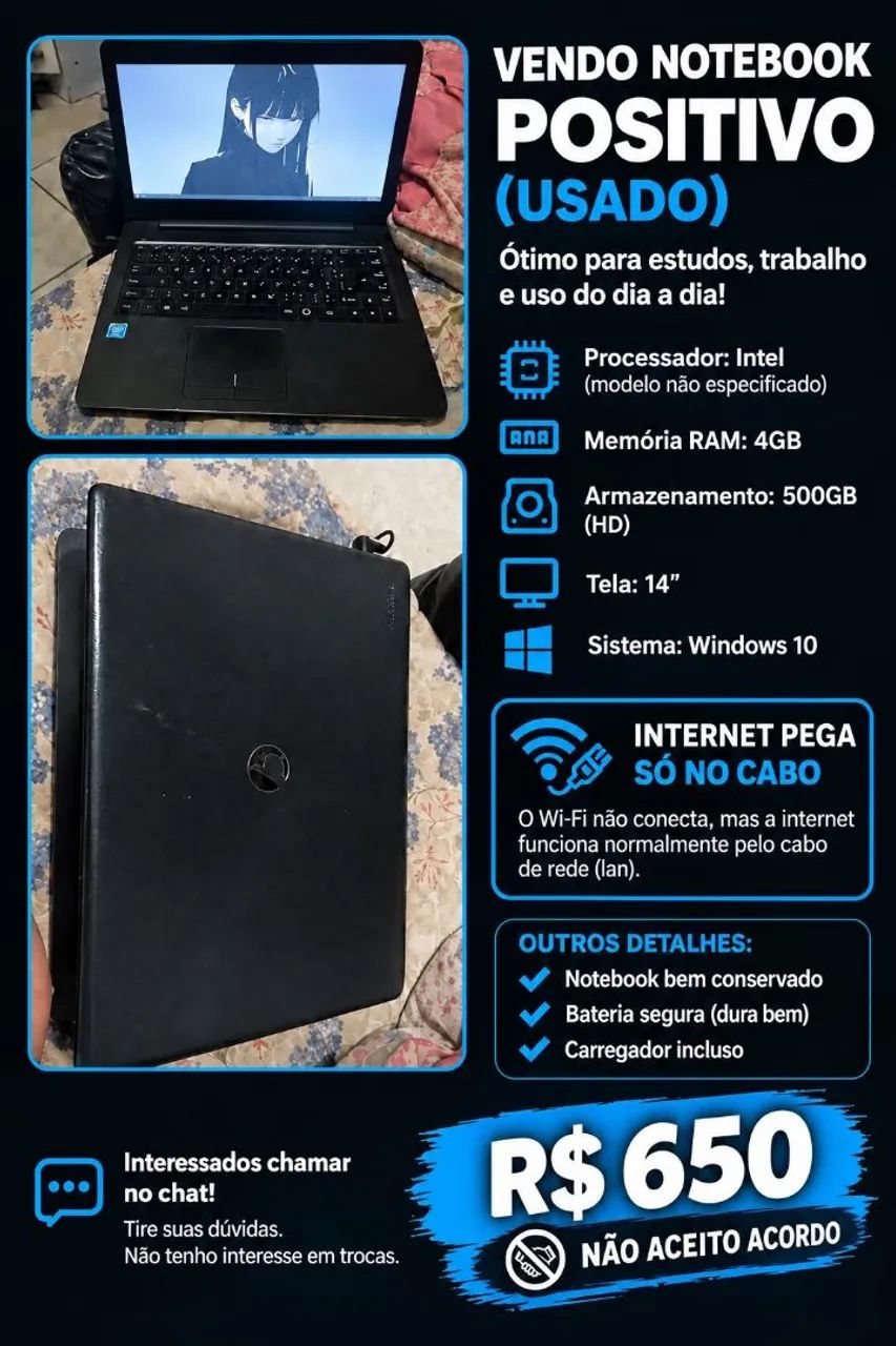 Vendo notebook POSITIVO USADO - 650