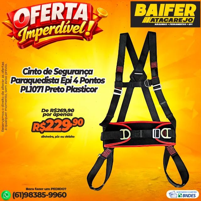 Cinto De Segurança Paraquedista Epi 4 Pontos PL1071 Preto Plasticor