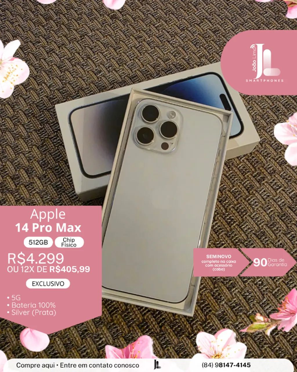 IPHONE 14 PRO MAX, 5G, 512GB, CHIP FÍSICO, SILVER, BAT 100