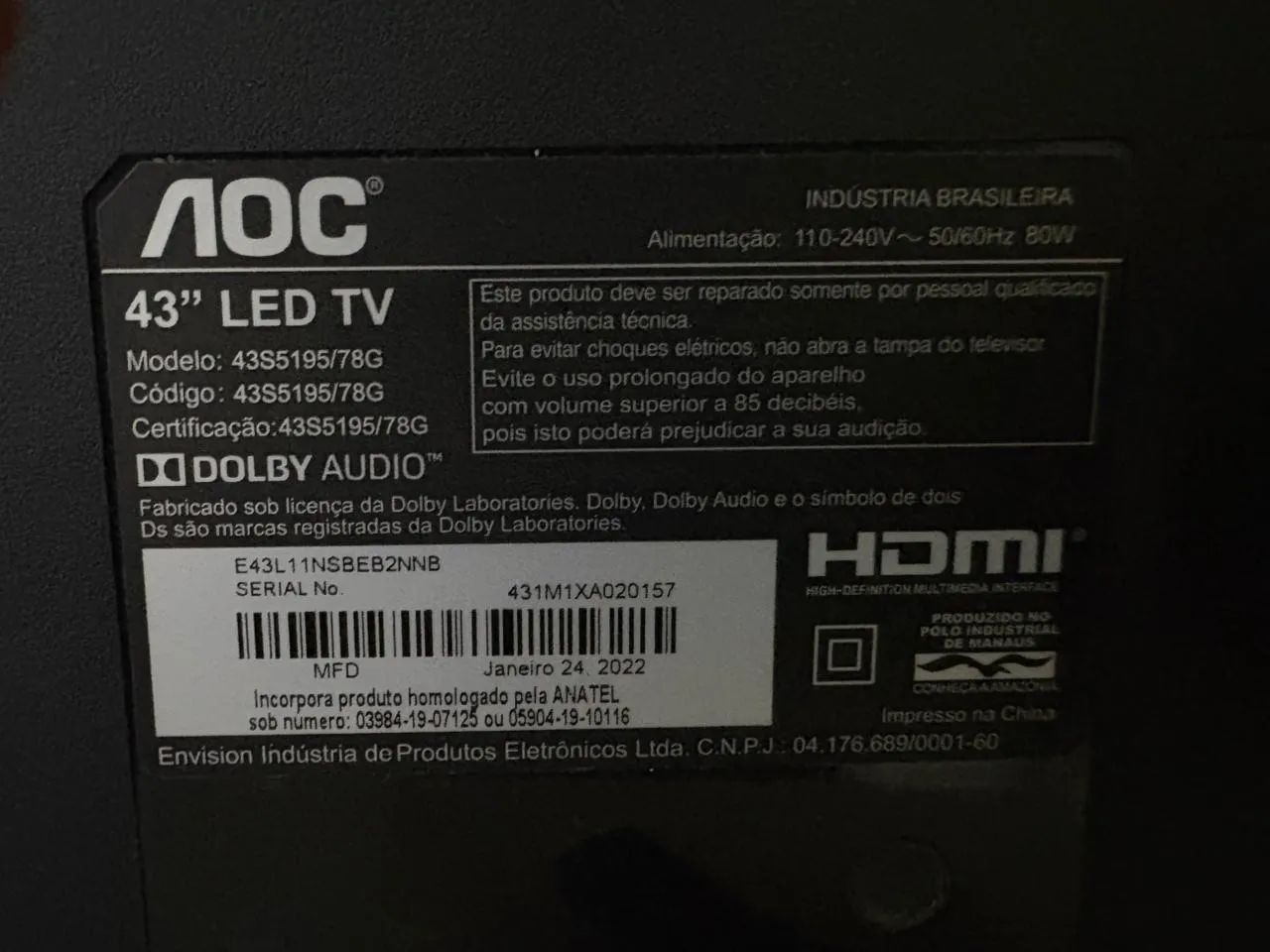 TV AOC 43? - Modelo 43S5195/78 - COM DEFEITO - Foto 3