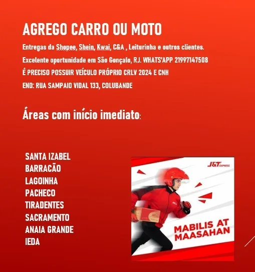 ENTREGAS, SANTA IZABEL, SÃO GONÇALO RJ