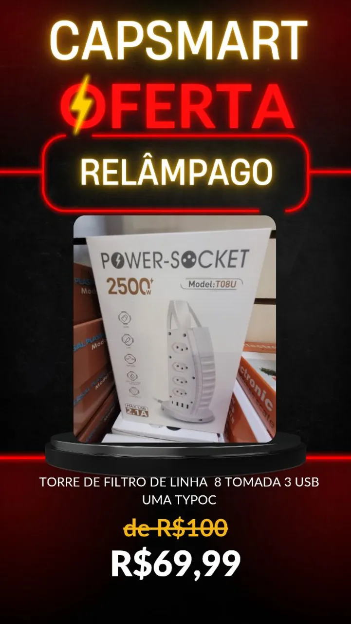 Tomada Filtro de Linha 8 Tomadas 3 USB - Oferta Relâmpago!