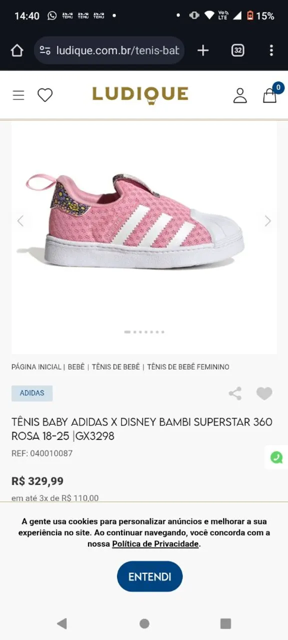 Tênis Baby Adidas x Disney Bambi Superstar 360 Rosa