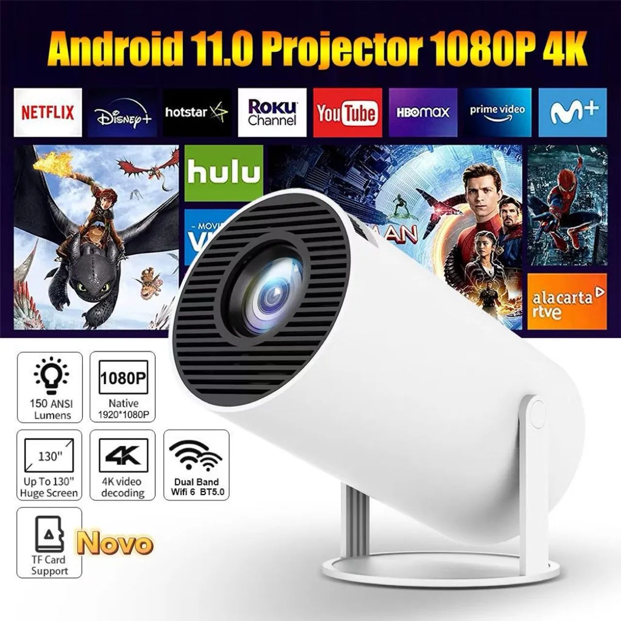 Projetor Android 11.0 1080P Com Bluetooth Wi-Fi 5ghz Novo