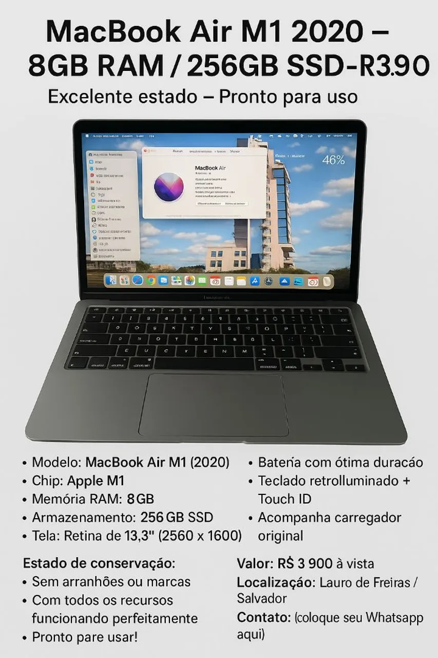 MacBook Air M1 2020 - 8GB RAM / 256GB SSD - R$ 3.900<br>Excelente estado - Pronto para uso!<br>