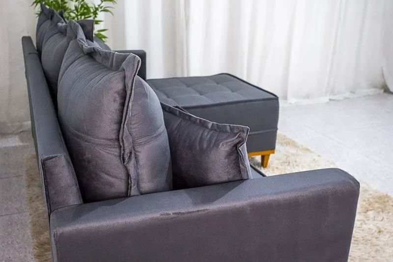 Sofá 3 Lugares com Chaise Veludo Cinza Molas Ensacadas  - Foto 4