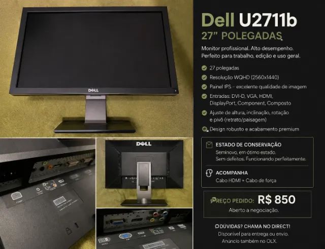 Monitor Dell UltraSharp U2711B ? 27" WQHD IPS - Foto 2