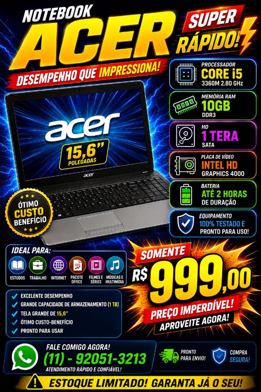  NOTEBOOK ACER CORE i5 - SUPER RÁPIDO! Excelente oportunidade