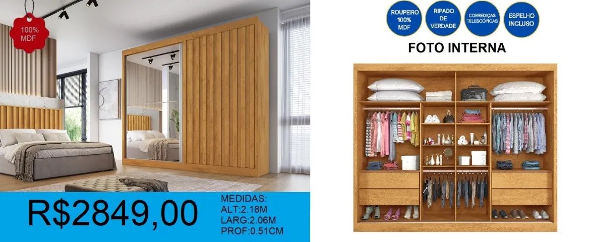 Roupeiro 100% mdf ripado com espelho - entrega grátis! - Foto 2