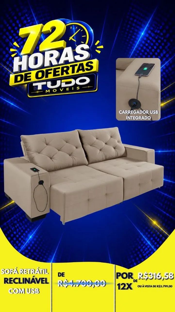 SOFA RETRÁTIL E RECLINÁVEL COM ENTRADA USB