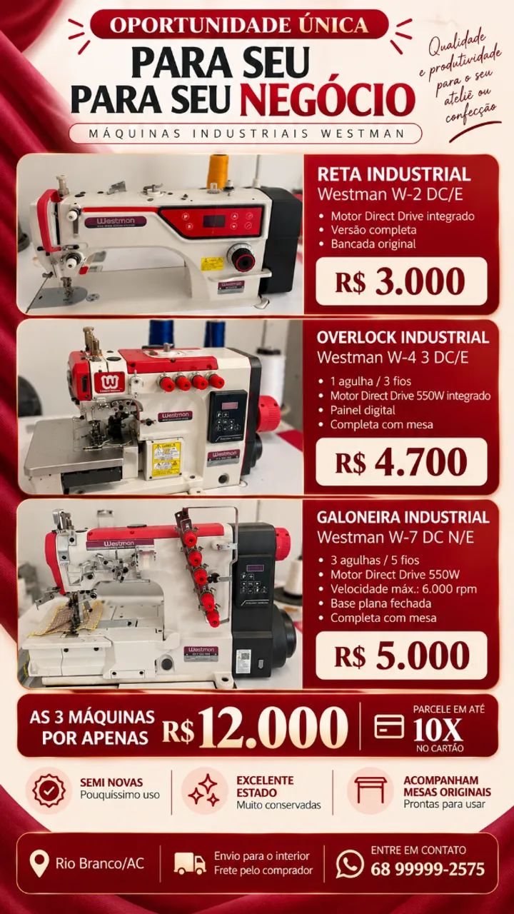 Kit com 3 - Máquina de Costura Industriais - Impecáveis