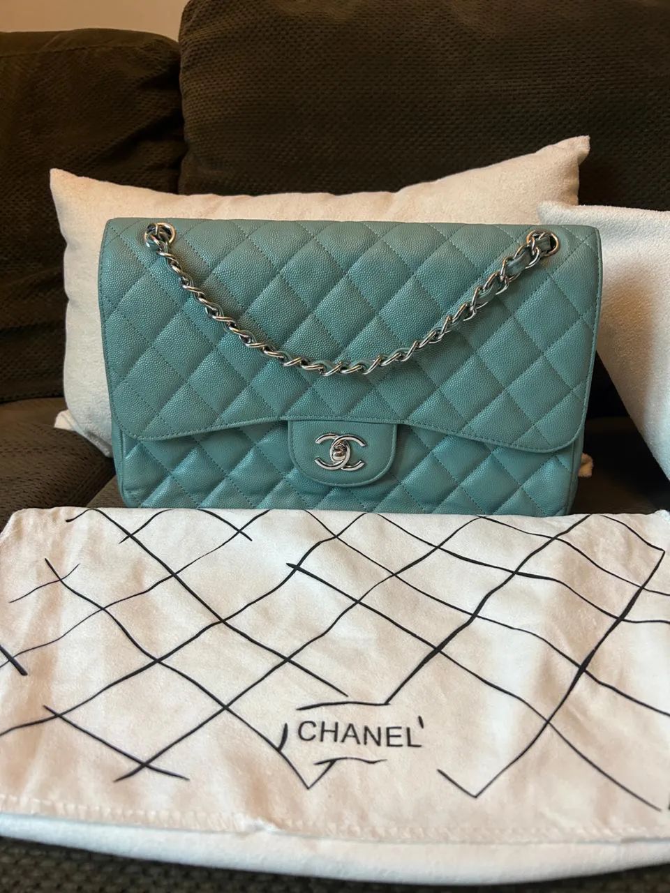 Bolsa nova Chanel maxi bag couro legitimo caviar azul tiffany corrente prateada  - Foto 3