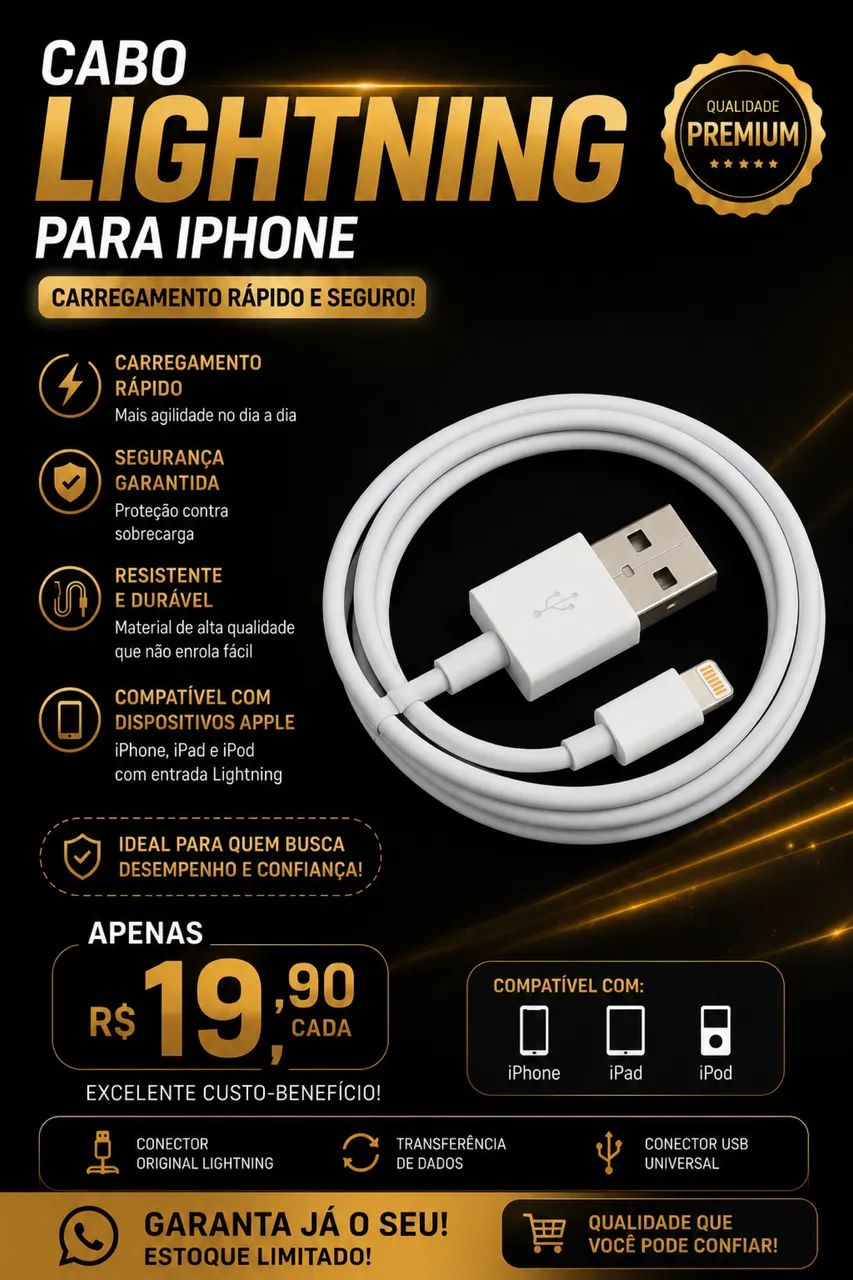 CABO LIGHTNING PARA IPHONE CARREGAMENTO RÁPIDO E SEGURO!