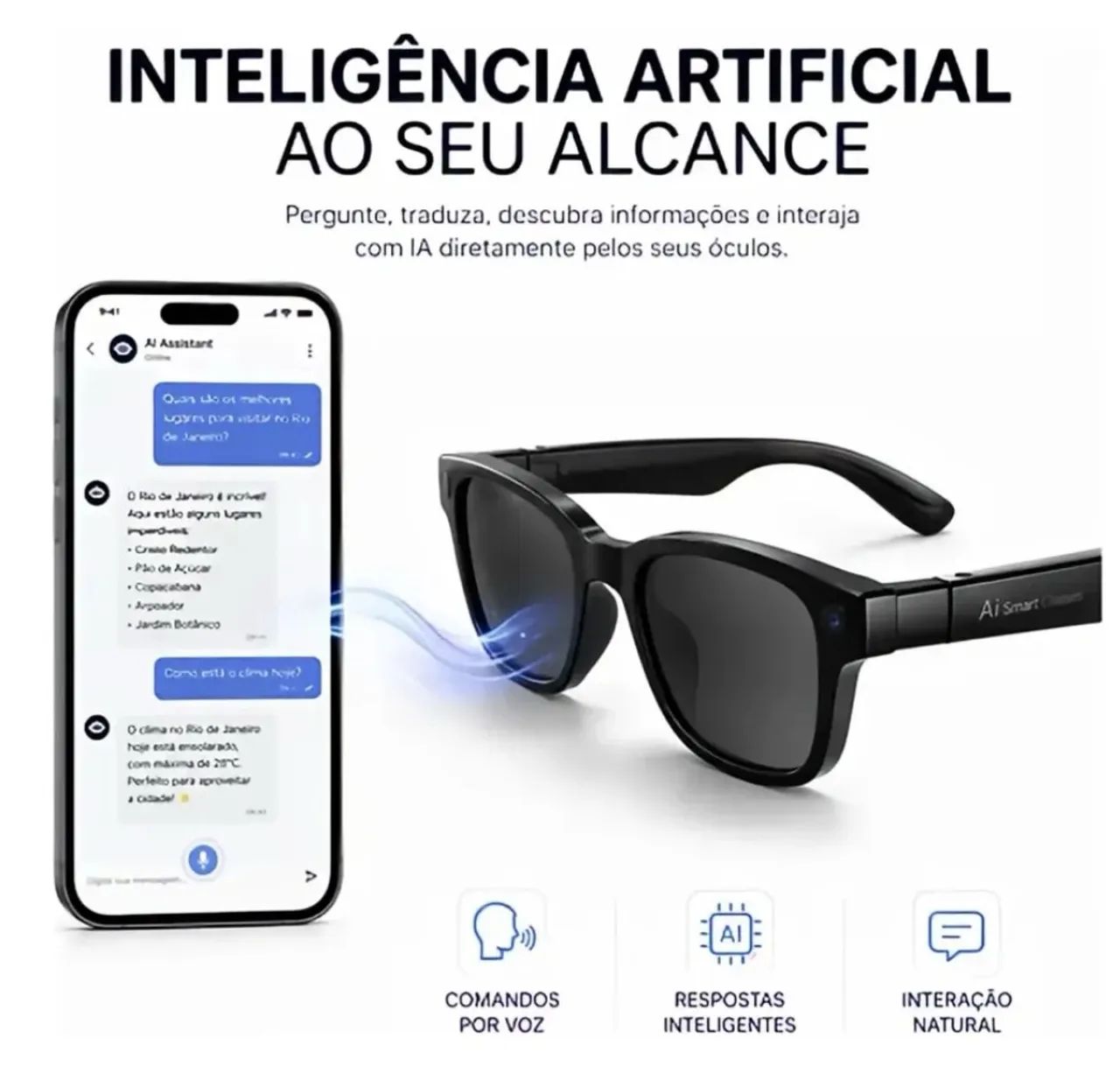 Óculos Inteligente Smart Glasses com IA, Câmera, Bluetooth e Tradução - Foto 2