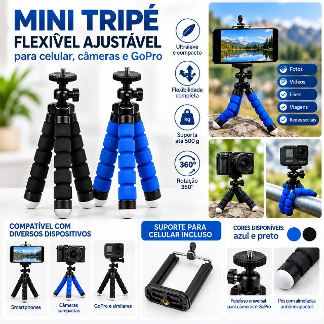 Mini Tripé Flexível para Celular Câmera e GoPro 