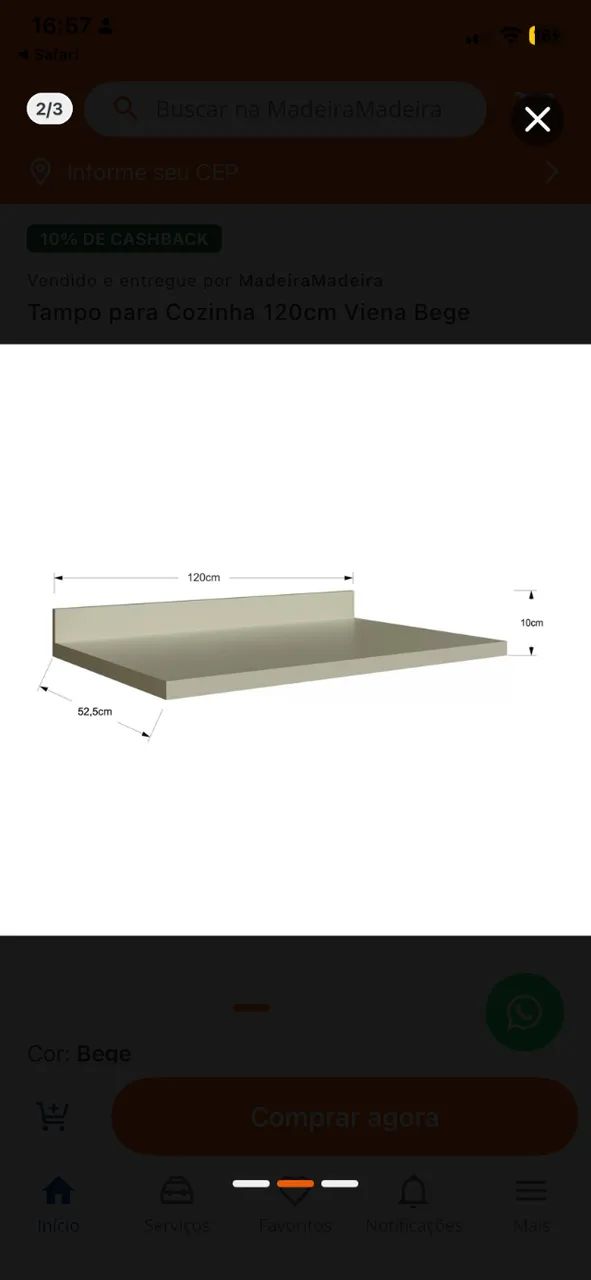 Tampo balcão cozinha 120cm