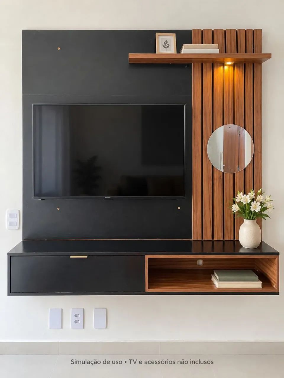 Painel para TV de até 55 polegadas com rack suspenso, ripado e iluminação - Foto 3
