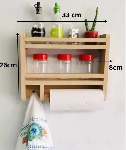 Prateleira de Parede em Madeira com Porta-Rolo para Cozinha