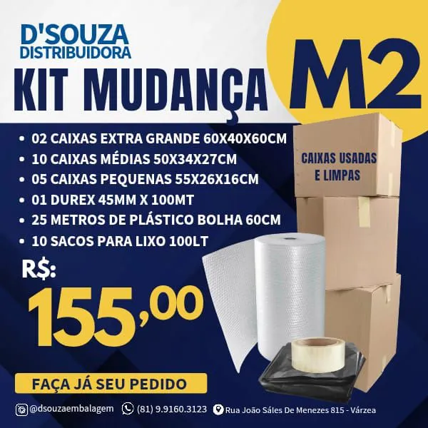 Kit Mudança M2 - Caixas, Plástico Bolha e Durex