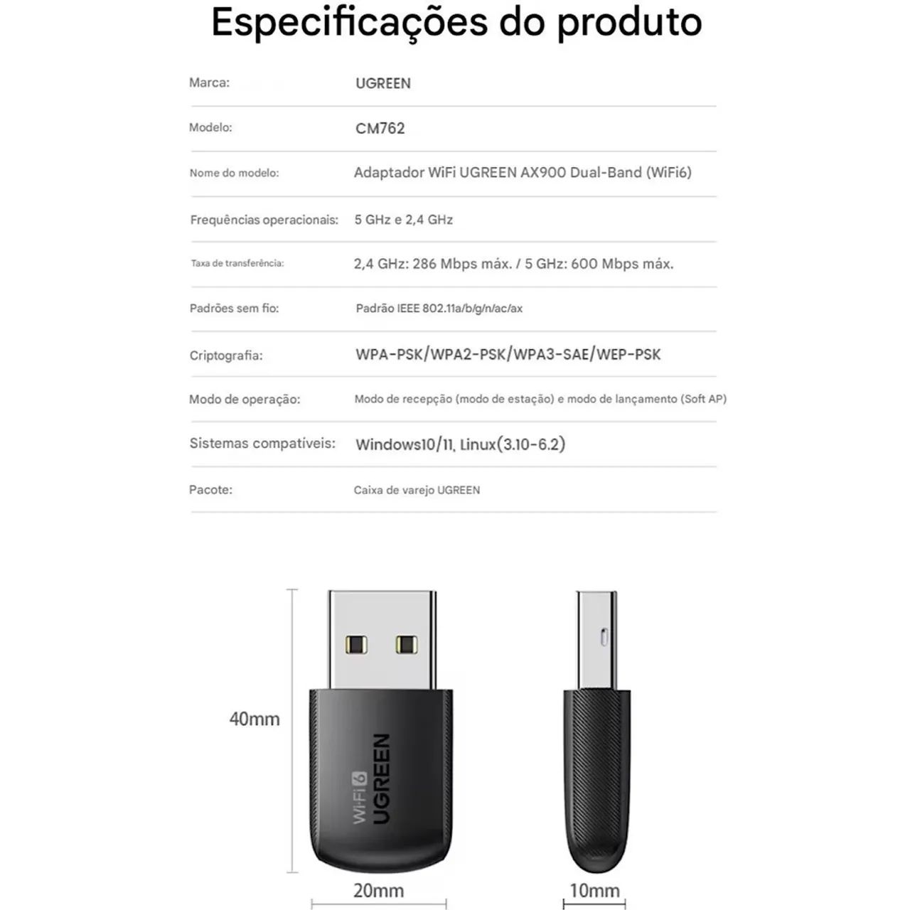 Wi Fi 6 Ugreen Sem fio Adaptador Computador Receptor Sinal 2.4 e 5 ghz Wifi Usb Pc - Foto 2