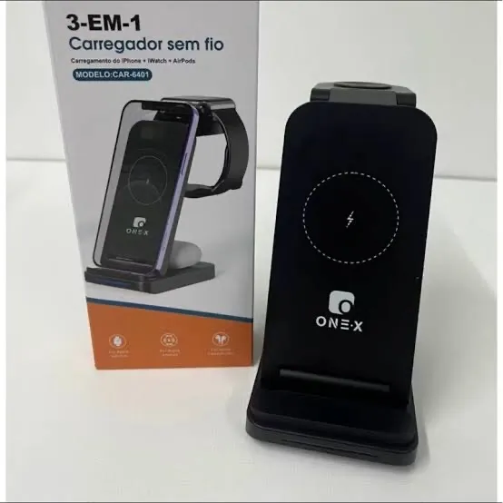 Carregador sem fio 3 em 1 para celular, smartwatch e AirPods