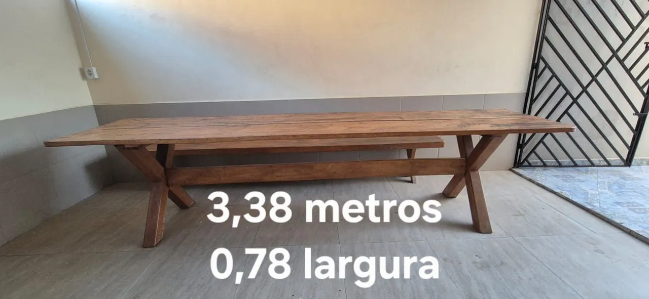 Mesa de madeira rústica grande - 3,38m x 0,78m