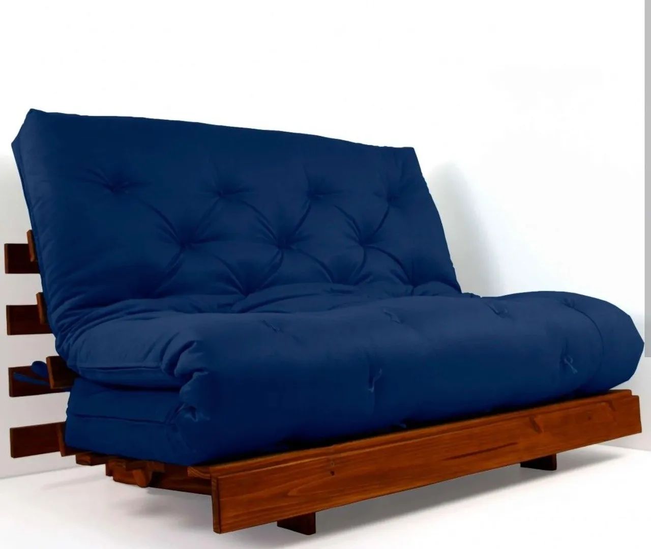 Sofá Cama Futon de Madeira Maciça com colchão azul