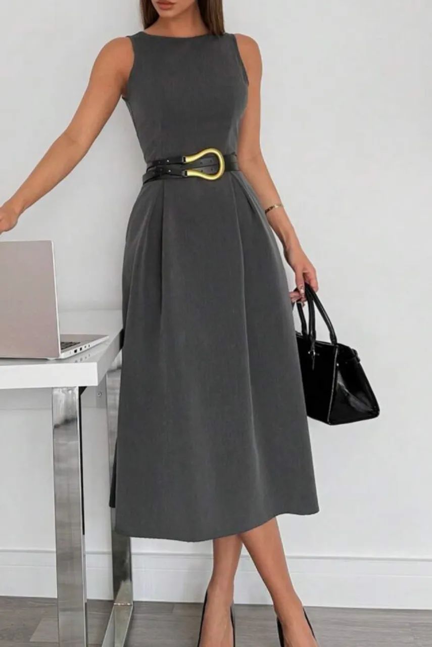 Vestido Midi Alfaiataria Cinza - completamente Novo - Tamanho P/36 - Social Elegante