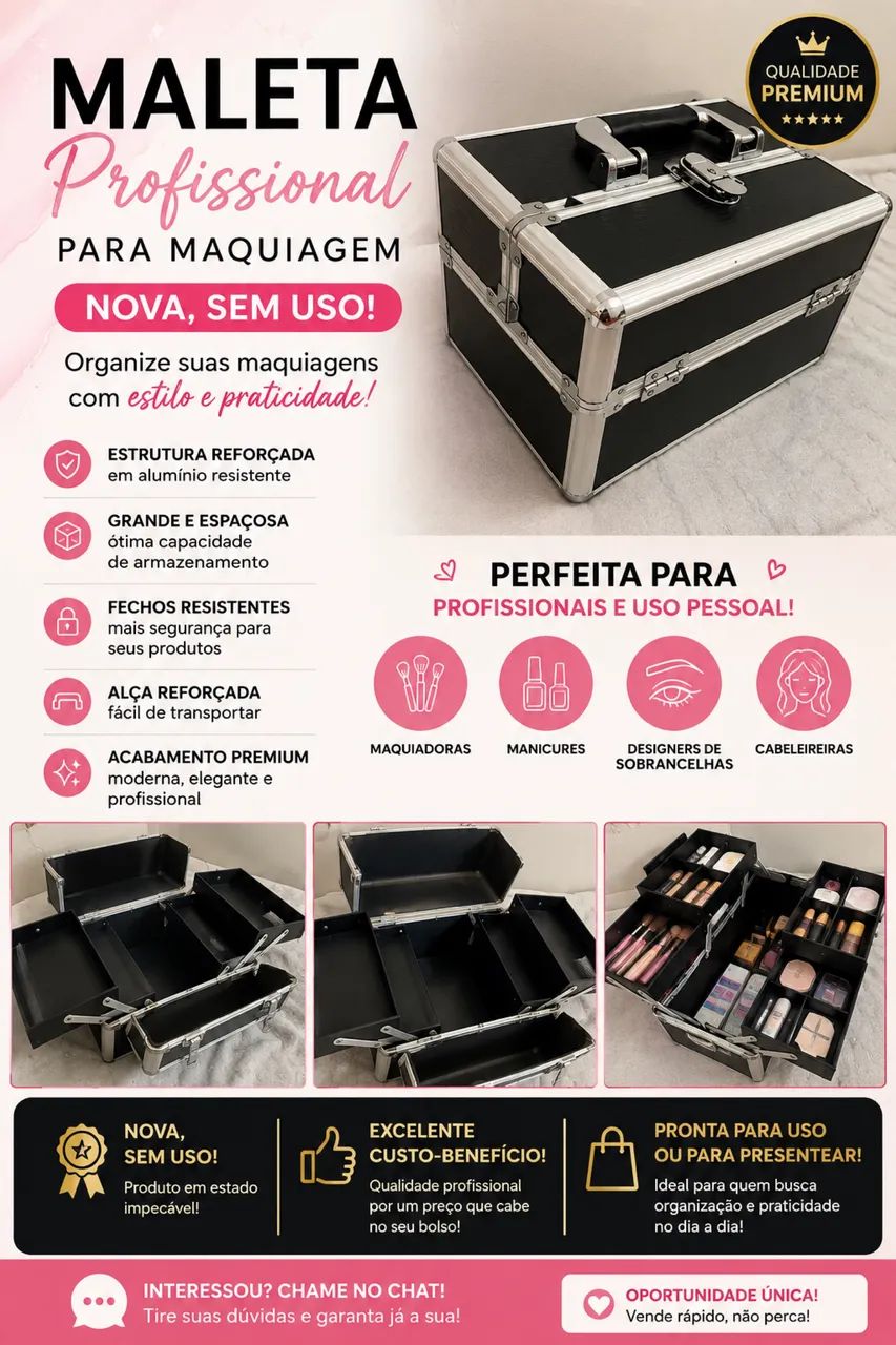 Maleta profissional de maquiagem nova, sem uso. Ótimo estado!