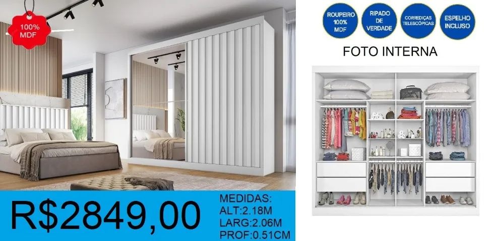 Roupeiro 100% mdf ripado com espelho - entrega grátis!