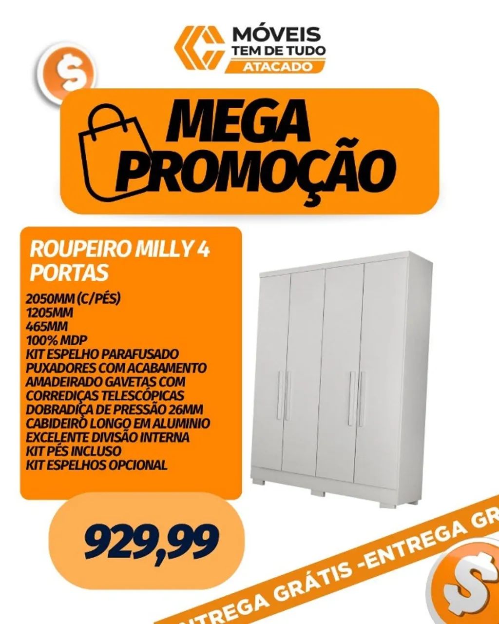 SUPER OFERTA ROUPEIRO MLLY 4 PORTAS