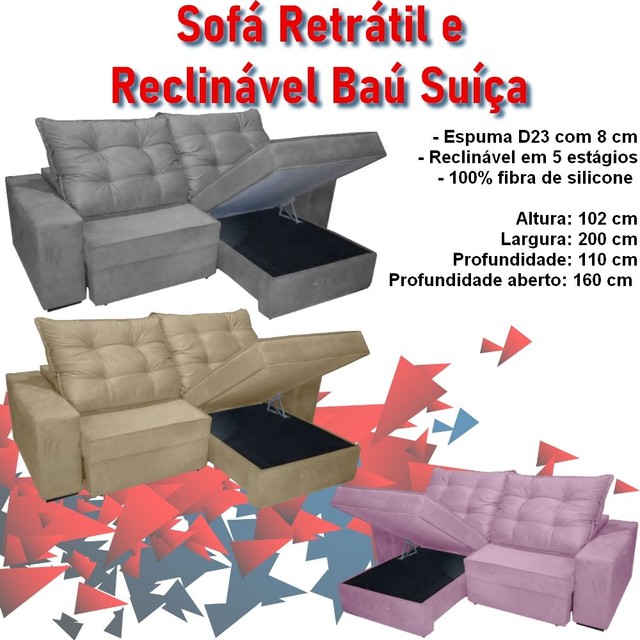 Sala sofá retrátil e reclinável baú de 200