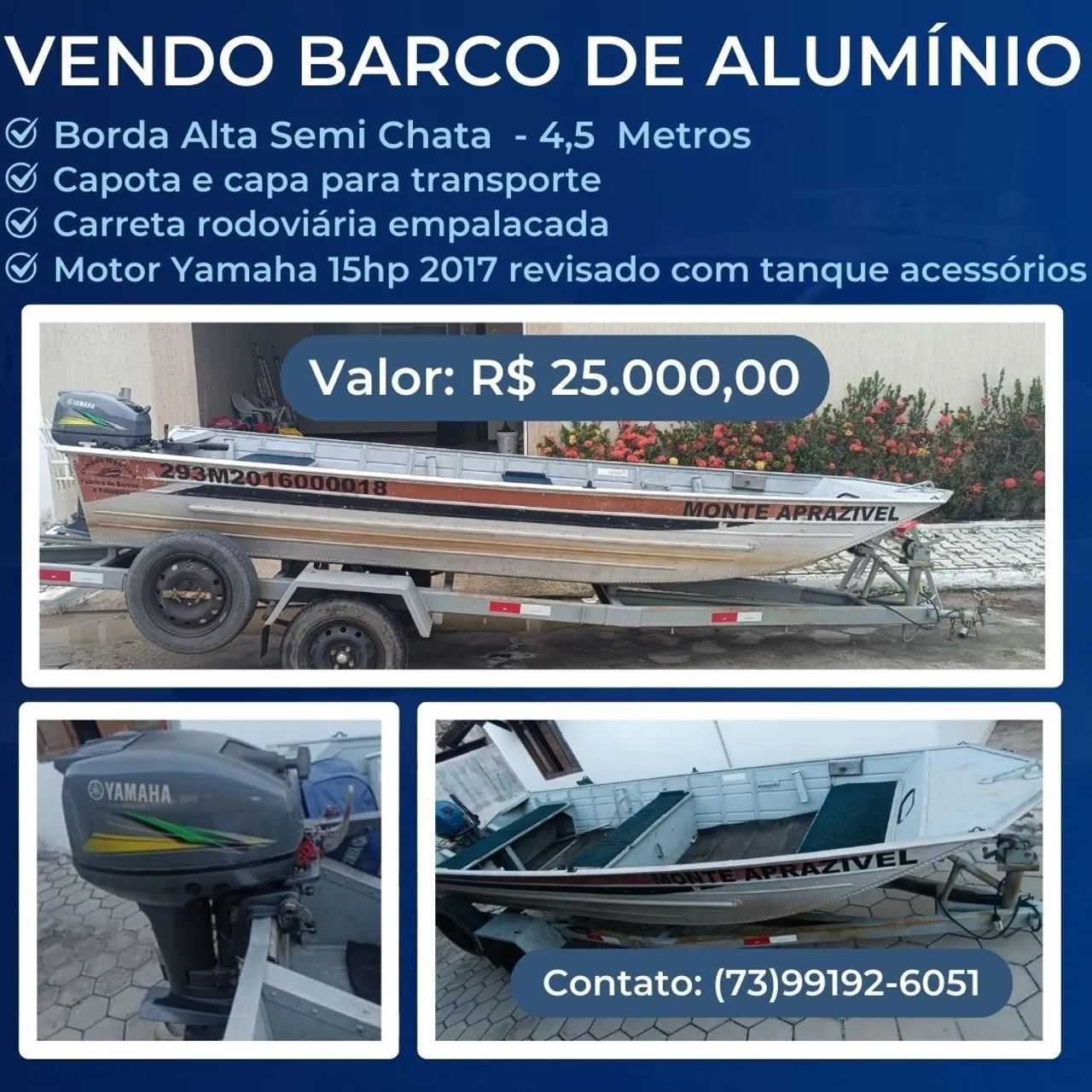Barco de alumínio 4,5m - Yamaha 15hp - R$25.000,00
