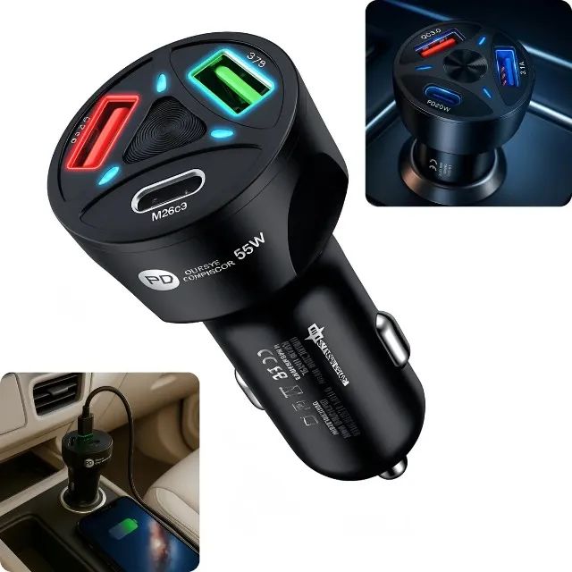 Carregador Veicular Turbo 2 Usb e 1 Tipo-C 55w Recarga Rápida Isqueiro