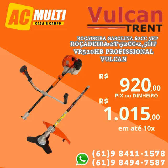 Roçadeira 2T 52cc 2,5HP VR520HB Profissional Vulcan