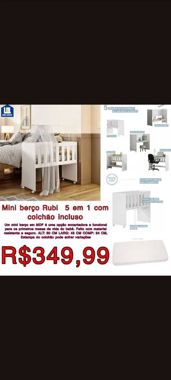 Mini Berço Rubi 5 em 1 com Colchão 